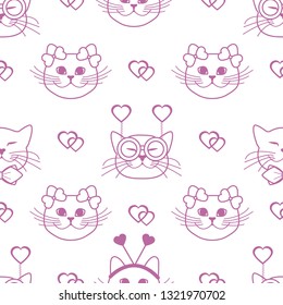 Seamless pattern with muzzle of cats in carnival masks, glasses, tie, bows, headbands and hearts. Greeting card happy Valentine's Day. Romantic background. Carnival festive concept.