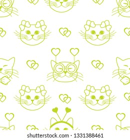 Seamless pattern with muzzle of cats in carnival masks, glasses, tie, bows, headbands and hearts. Greeting card happy Valentine's Day. Romantic background. Carnival festive concept.