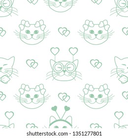 Seamless pattern with muzzle of cats in carnival masks, glasses, tie, bows, headbands and hearts. Greeting card happy Valentine's Day. Romantic background. Carnival festive concept.