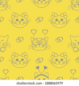 Seamless pattern with muzzle of cats in carnival masks, glasses, tie, bows, headbands and hearts. Greeting card happy Valentine's Day. Romantic background. Illuminating and Ultimate Gray.