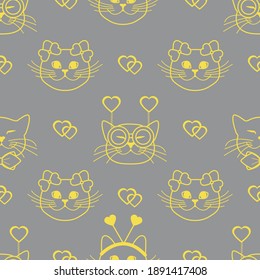 Seamless pattern with muzzle of cats in carnival masks, glasses, tie, bows, headbands and hearts. Greeting card happy Valentine's Day. Romantic background. Illuminating and Ultimate Gray