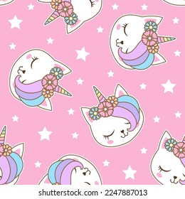 Seamless pattern muzzle of a cute unicorn cat on a pink background. For baby fabric design, backgrounds, wallpapers, packaging, wrapping paper, scrapbooking and so on. Vector