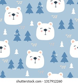 Seamless pattern, muzzles of bears, fir-trees, hand drawn overlapping backdrop. Colorful background vector. Illustration with animals. Decorative wallpaper, good for printing