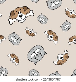 Patrón sin foco de bozales de perros y gatos de dibujos animados. Imagen de material vectorial