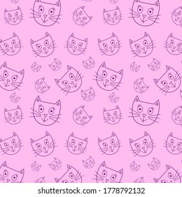 Seamless pattern of muzzles of cats purple contour on a pink background wallpaper texture vector graphics