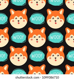 Seamless pattern with muzzles of dogs. Akita Inu background.
