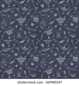 Seamless pattern "My kitchen" include 31 hand drawn kitchenware elements. Good for use as a design fabric kitchen accessories, wrapping paper,  restaurant menu or as a design element of your website