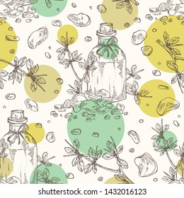 Seamless pattern with myrrh and bottle of commiphora myrrha essential oil. Cosmetic, perfumery and medical plant. Vector hand drawn
