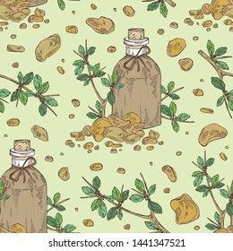 Seamless pattern with myrrh and bottle of commiphora myrrha essential oil. Cosmetic, perfumery and medical plant. Vector hand drawn