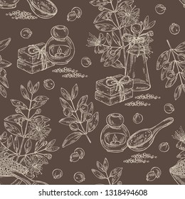 Seamless pattern with myrtus, myrtle: myrtus branch with flowers, berries and leaves, soap and bath salt . Cosmetic, perfumery and medical plant. Vector hand drawn illustration