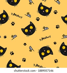 Seamless pattern. Mysterious black cat with yellow eyes, small grey mouse with a key and small black feline footprints. Funny texture in warm tones for textile or wrapping paper