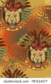 
Seamless pattern. Mysterious Jaguar the shaman. Vector illustration