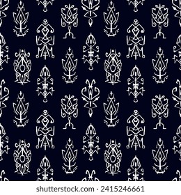 Seamless pattern Mysterious signs. White symbols of religion, spirituality, occultism. Vector illustration isolated on a dark background. Occult icon.