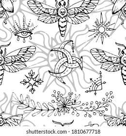 Seamless pattern with mysterious symbols, moth and magic objects on white. Mystic background for Halloween, esoteric, gothic and occult concept