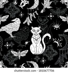  Seamless pattern with mystic animals - cat, crow and moth, dreamcatcher and witch magic objects. Mystic background for Halloween, esoteric, gothic and occult concept