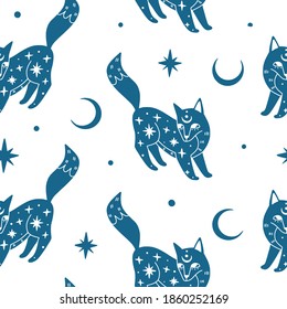 Seamless pattern with mystic blue fox, moon and stars. Beautiful celestial animals with ethnic doodle ornament. Vector magic pattern. Boho Woodland background. Wildlife illustration. Esoteric concept