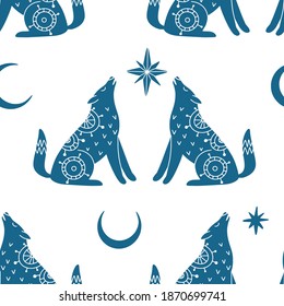 Seamless pattern with mystic blue wolf, moon and star. Beautiful celestial animals with ethnic doodle ornament. Vector magic pattern. Boho Woodland background. Wildlife illustration. Esoteric concept