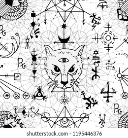 Seamless pattern with mystic cat, scarab beetle and geometric signs on white. Esoteric, occult and wicca concept, Halloween illustration with mystic symbols and sacred geometry 