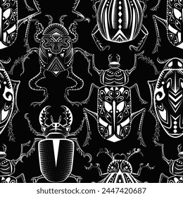 Seamless pattern with mystic decorated bugs against black background. 