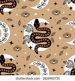 Seamless Pattern With Mystic Eye, Black Snake And Moon