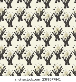 Seamless pattern with mystic eye hands on beige background. Vector tribal illustration.