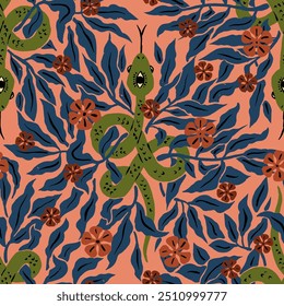 Seamless pattern with mystic floral snakes. repeat background with spiritual magical serpents in flowers and leaves. Chinese New Year 2025 symbol