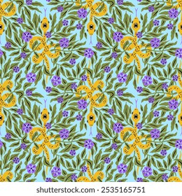 Padrão contínuo com cobras florais místicas. Repetir fundo com serpentes mágicas espirituais em flores e folhas. Símbolo de Ano Novo Chinês 2025