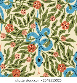 Seamless pattern with mystic floral snakes. repeat background with spiritual magical serpents in flowers and leaves. Chinese New Year 2025 symbol