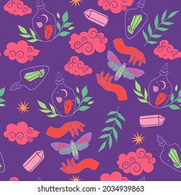 Seamless pattern with mystic magical elements. Vector graphics.