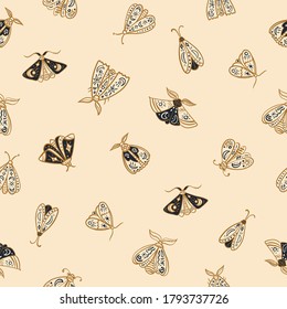 Seamless pattern with mystic moths or Butterfly. Vector magic texture. Boho abstract background with witch symbols. Hand drawn Line art insects 