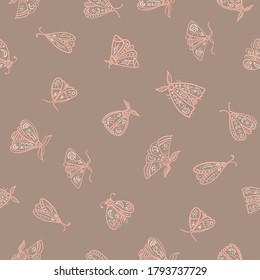 Seamless pattern with mystic moths or Butterfly. Vector magic texture. Boho abstract background with witch symbols. Hand drawn Line art insects 