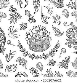 Nahtloses Muster mit mystischen Pilzen, magischen und floralen dekorativen Doodle-Elementen, Hexerei-Symbolen auf weißem Hintergrund. Esoterisches und zauberhaftes Waldkonzept