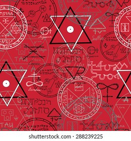 Seamless pattern with mystic symbols and pentacle on red background. Halloween illustration. Signs are not foreign text, these letters are imaginary, fictional symbols.