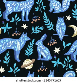 Seamless pattern with mystic wild animals in doodle boho scandinavian style, owl, wolf and rabbit with stars and plant elements.