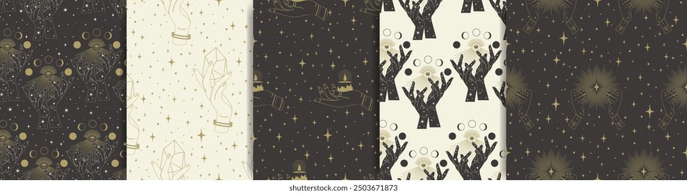 Seamless pattern with mystic witchcraft elements. Vector black tribal mubarak art collection