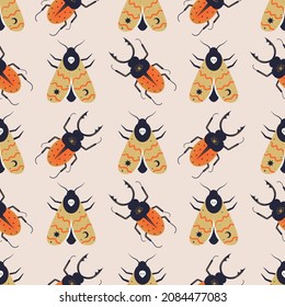 Seamless pattern of mystical abstract moth and stag beetle with celestial symbols. Spiritual wicca insects for textile, wrapping paper, design. Boho style night butterfly and bug vector background