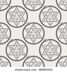 Seamless pattern with mystical astrological sign alchemy elements and uroboros