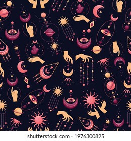 The seamless pattern with mystical astrological vector illustrations. Magic symbols. Zodiac. Astronomy. 