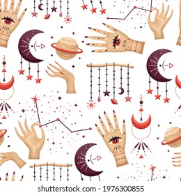 The seamless pattern with mystical astrological vector illustrations. Magic symbols. Zodiac. Astronomy. 