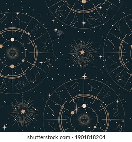 Seamless pattern with Mystical and Astrology elements, Space objects, planet, constellation, zodiac sings. Editable vector illustration.