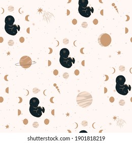 Seamless pattern with Mystical and Astrology elements, Space objects, planet, constellation, moon, baby, moon cycle. Editable vector illustration.