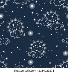 Seamless pattern with mystical and astrology elements, space objects, planet, constellation, zodiac sings. Dark illustration.