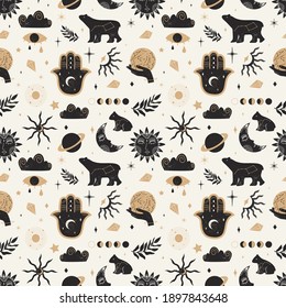 Seamless pattern of Mystical and Astrology objects in boho style. Trendy vector illustration.