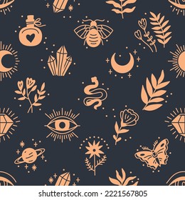 Seamless pattern of Mystical and Astrology objects in boho style. Trendy vector illustration. Hippie chic background. Good for fabric, wrapping, textile, wallpaper, apparel.
