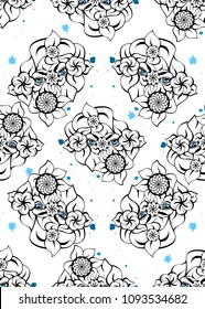 Seamless pattern with mystical blue eyes surrounded by silhouette of leaves and flowers. Creative, abstract and stylish design for fashion, beauty, fabric print, wrap, decoration, etc.