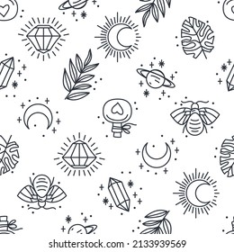 Seamless pattern with mystical boho elements, moon, start, leaf, mystical elements in lineart style. Editable vector illustration. Good for fabric, wrapping, textile, wallpaper, apparel.