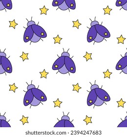 Seamless pattern with mystical bugs and stars. Celestial violet insects. Magic bohemian background. Vector Flat illustration.
