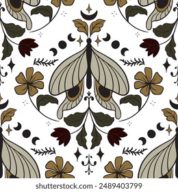 Seamless pattern with mystical butterfly elements and floral motifs. Scandinavian floral motif. Vector background with butterflies in tattoo style, retro engraving.