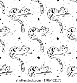 Seamless Pattern Mystical cat with moon and stars. Tattoo art style. Stars, constellations, moon. Hand drawn astrology symbol. For print for T-shirts and bags, decor element.