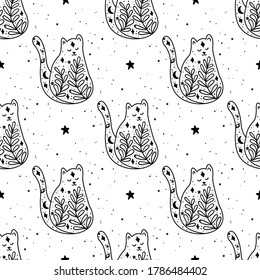 Patrón místico sin foco con luna y estrellas. Estilo de arte tatuaje. Estrellas, constelaciones, luna. Símbolo de astrología dibujado a mano. Para imprimir camisetas y bolsos, elemento decorativo.